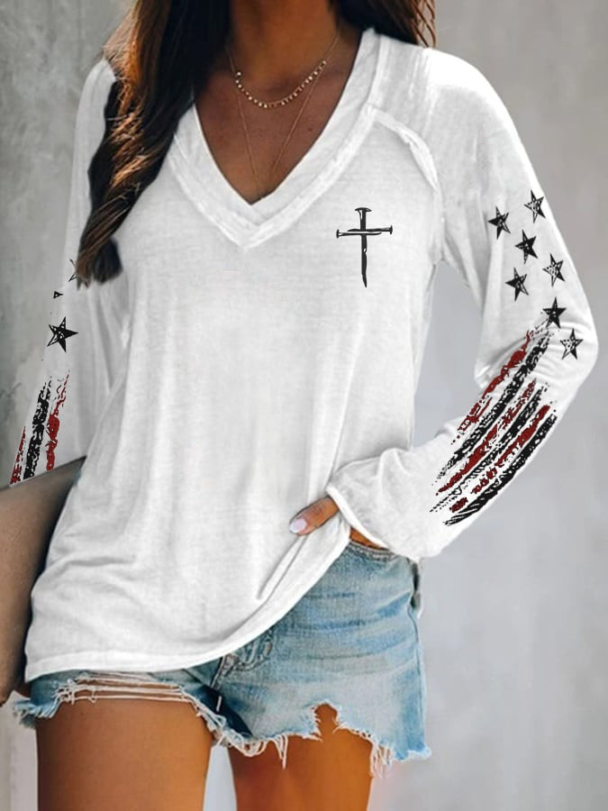 Cross Faith V-Neck Long Sleeve Shirt USA Flag Women's Fourth Of July Clothes Gifts For Wife