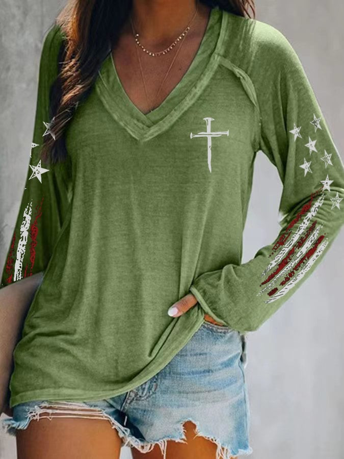 Cross Faith V-Neck Long Sleeve Shirt Women's American Flag Clothing Best Patriotic Gifts Cross Faith V-Neck Long Sleeve Shirt Women's American Flag Clothing Best Patriotic Gifts