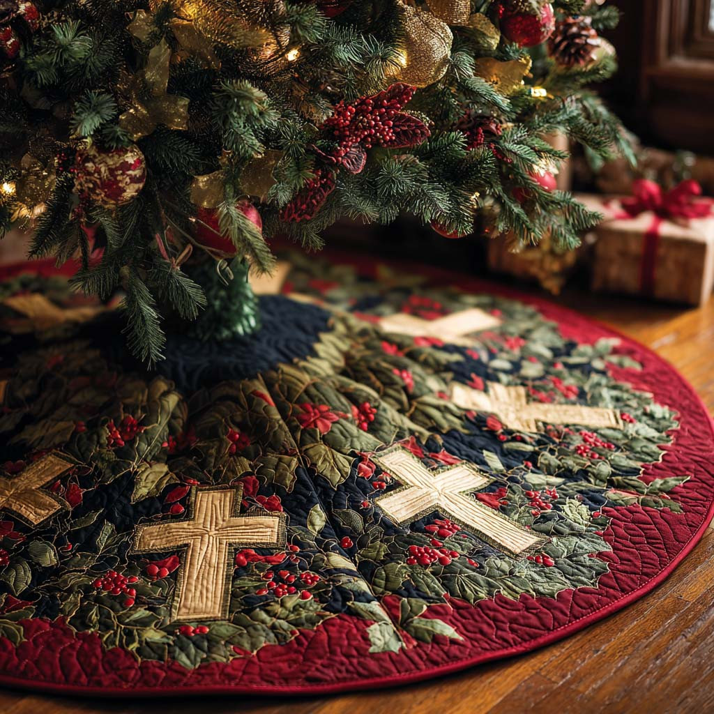 Cross Harmony Christmas Quilted Tree Skirt Holy Cross Shapes Christmas Gifts For Christians