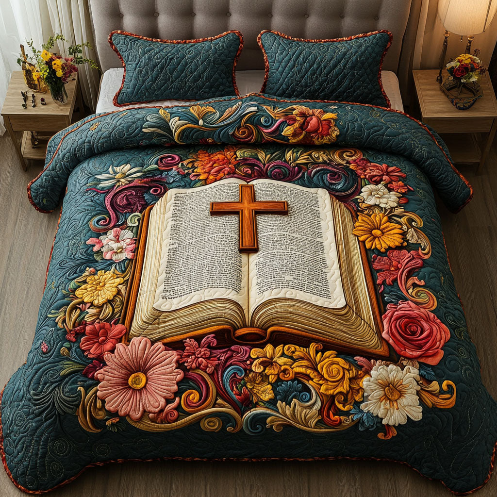 Cross in Bloom Quilted Bedding Set Bedroom Decorations Best Christian Gifts