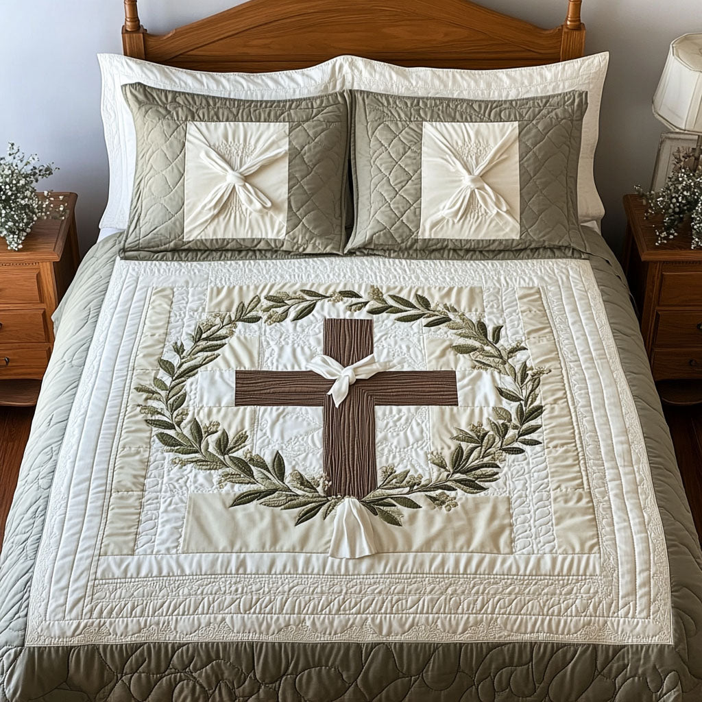 Cross of Eternal Faith Quilted Bedding Set Cozy Bedroom Decor Biblical Gifts For Her
