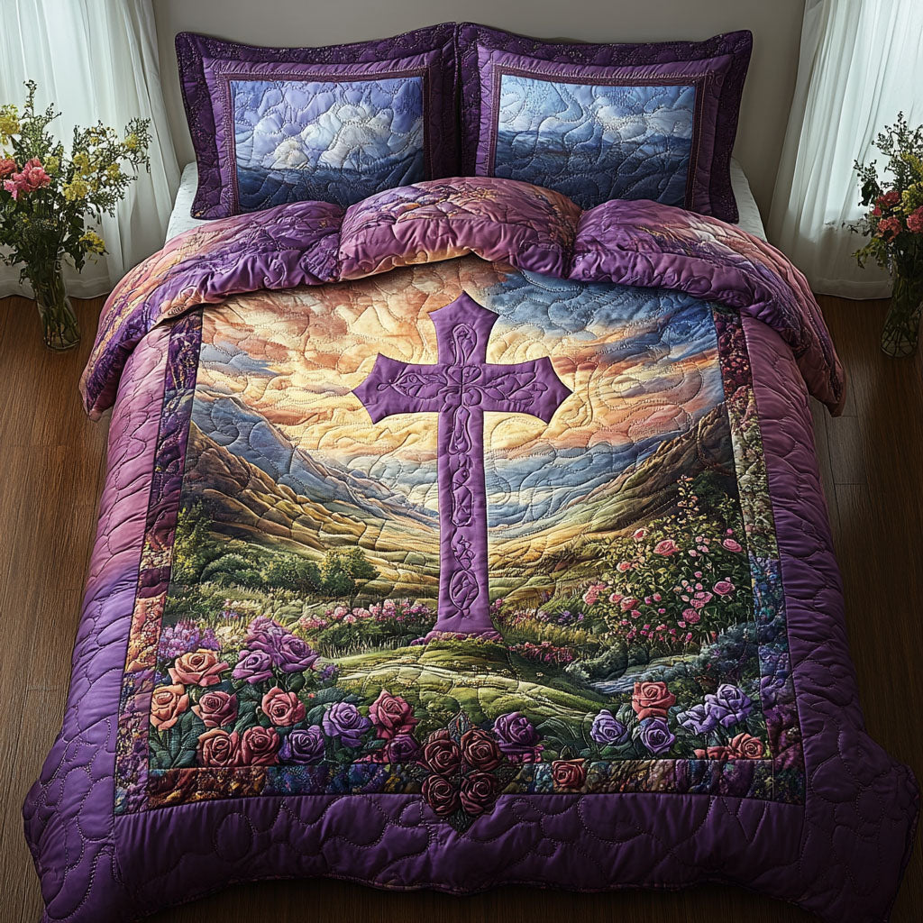 Cross of Heavenly Grace Quilted Bedding Set Bedspread Set Christian Christmas Gift Ideas