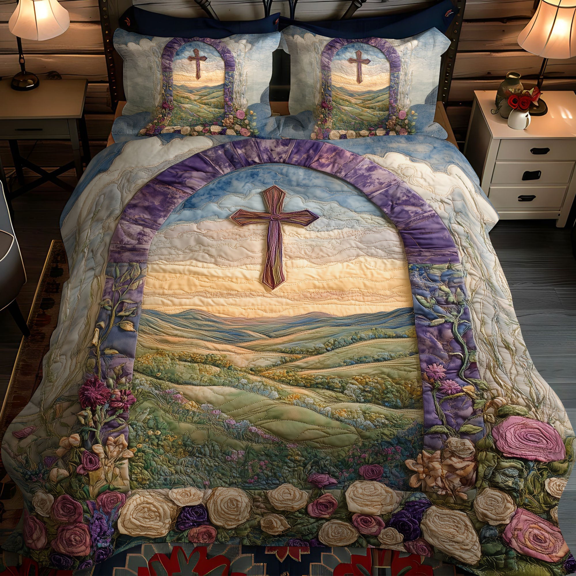 Cross of Hope and Faith Quilted Bedding Set Aesthetic Room Decor Unique Christian Gifts For Him