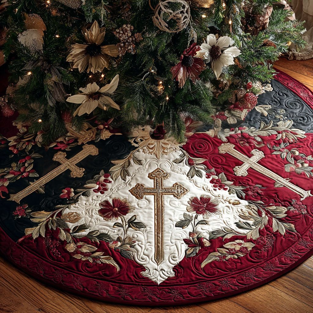 Cross Of Hope Christmas Quilted Tree Skirt Christian Themed Christmas Tree Skirt