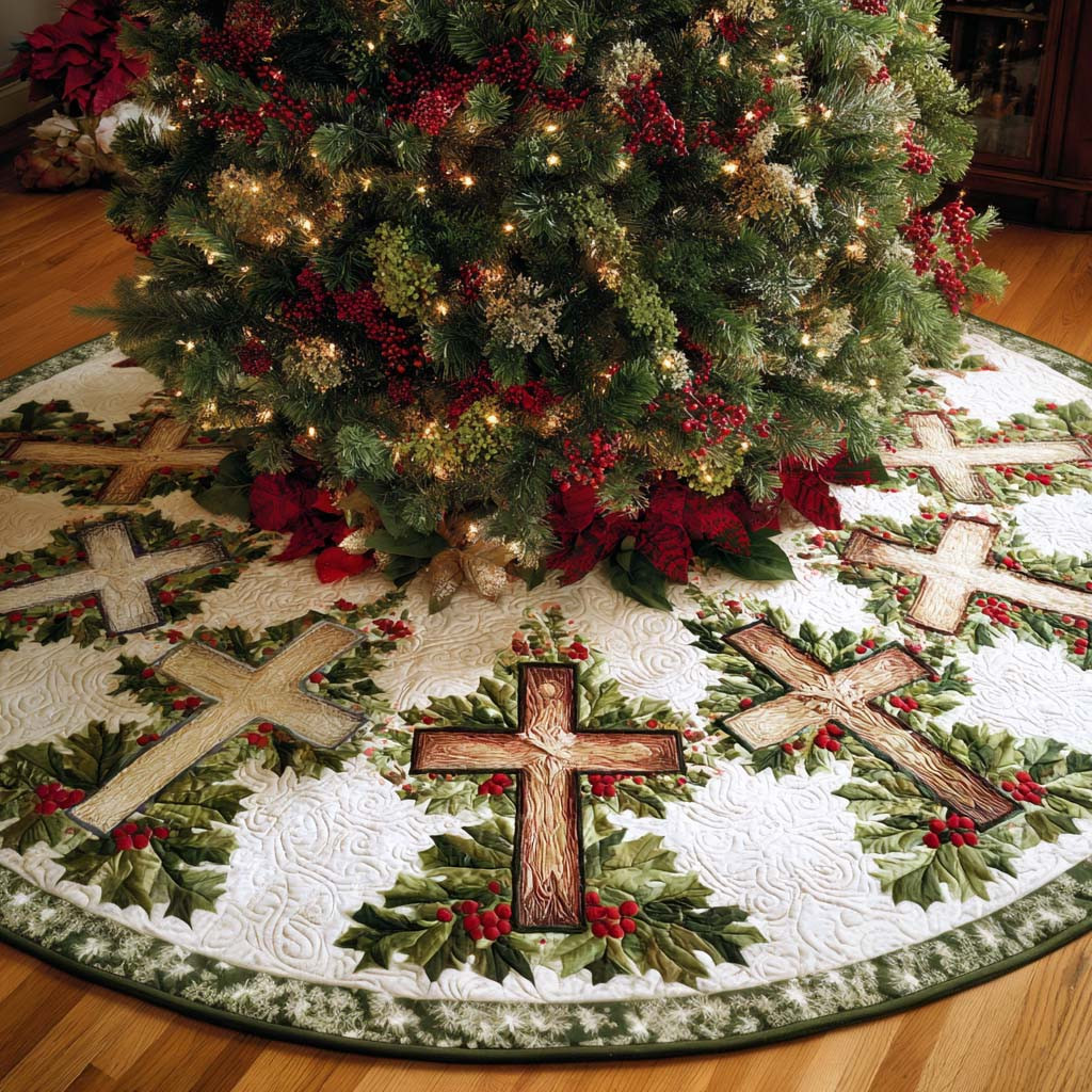 Cross Of Joy Christmas Quilted Tree Skirt Holy Cross Christian Design Christmas Decor Ideas