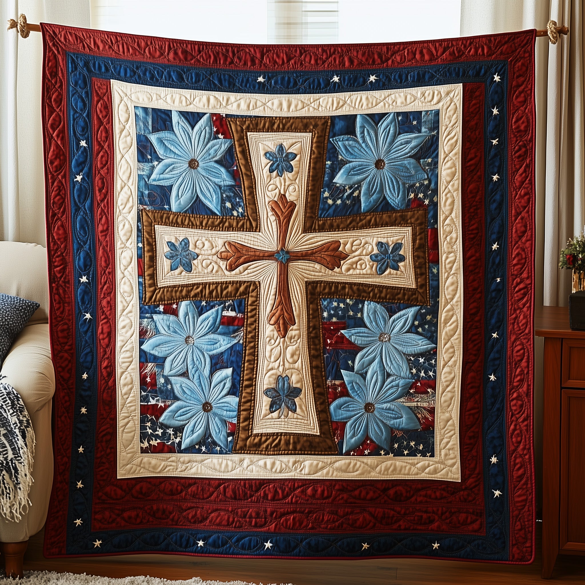Cross of Liberty Quilted Blanket Sofa Throw BlanketReligious Christian Christmas Gifts For Her