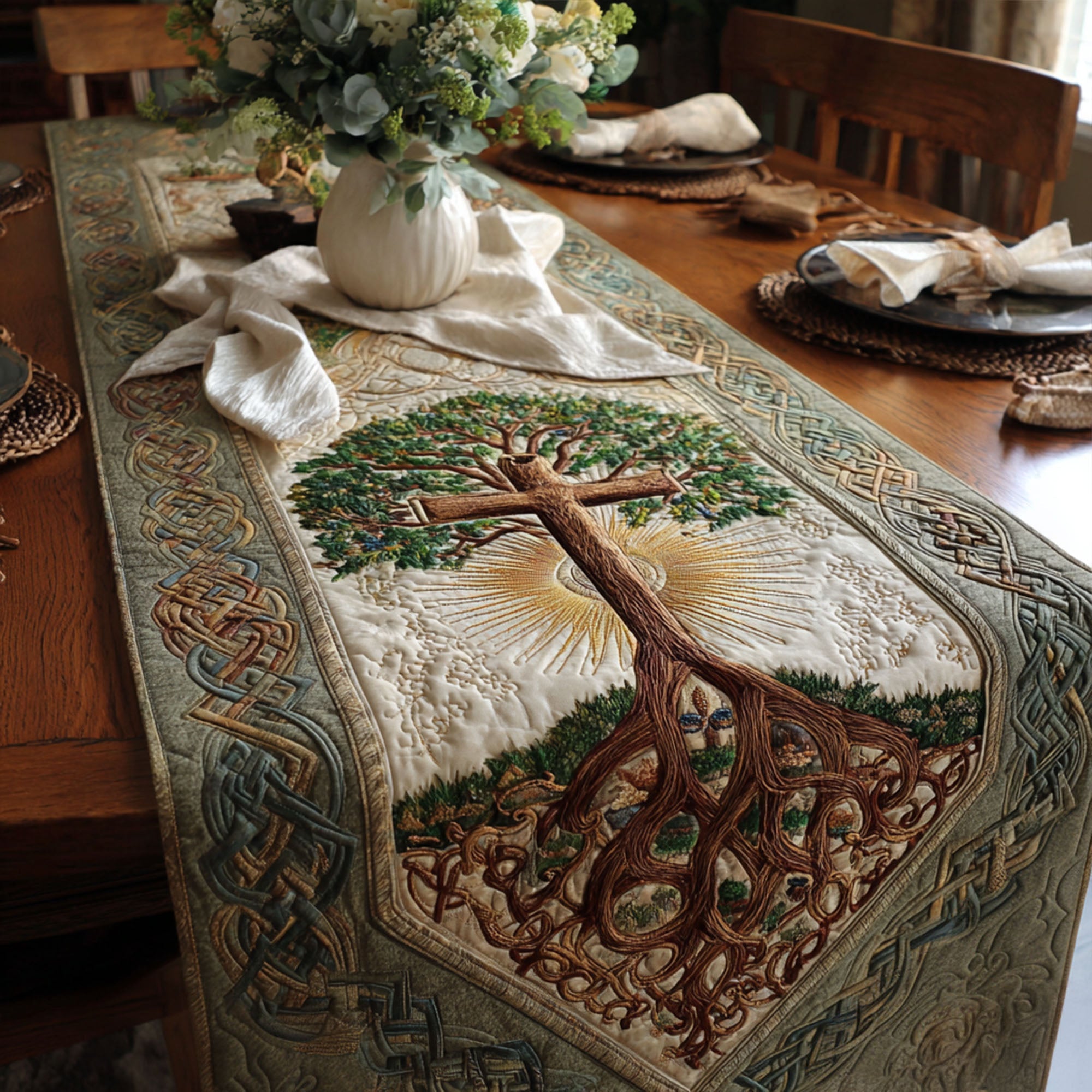 Cross of Sanctuary Quilted Table Runner Christmas Dinner Decorations Religious Gift Ideas
