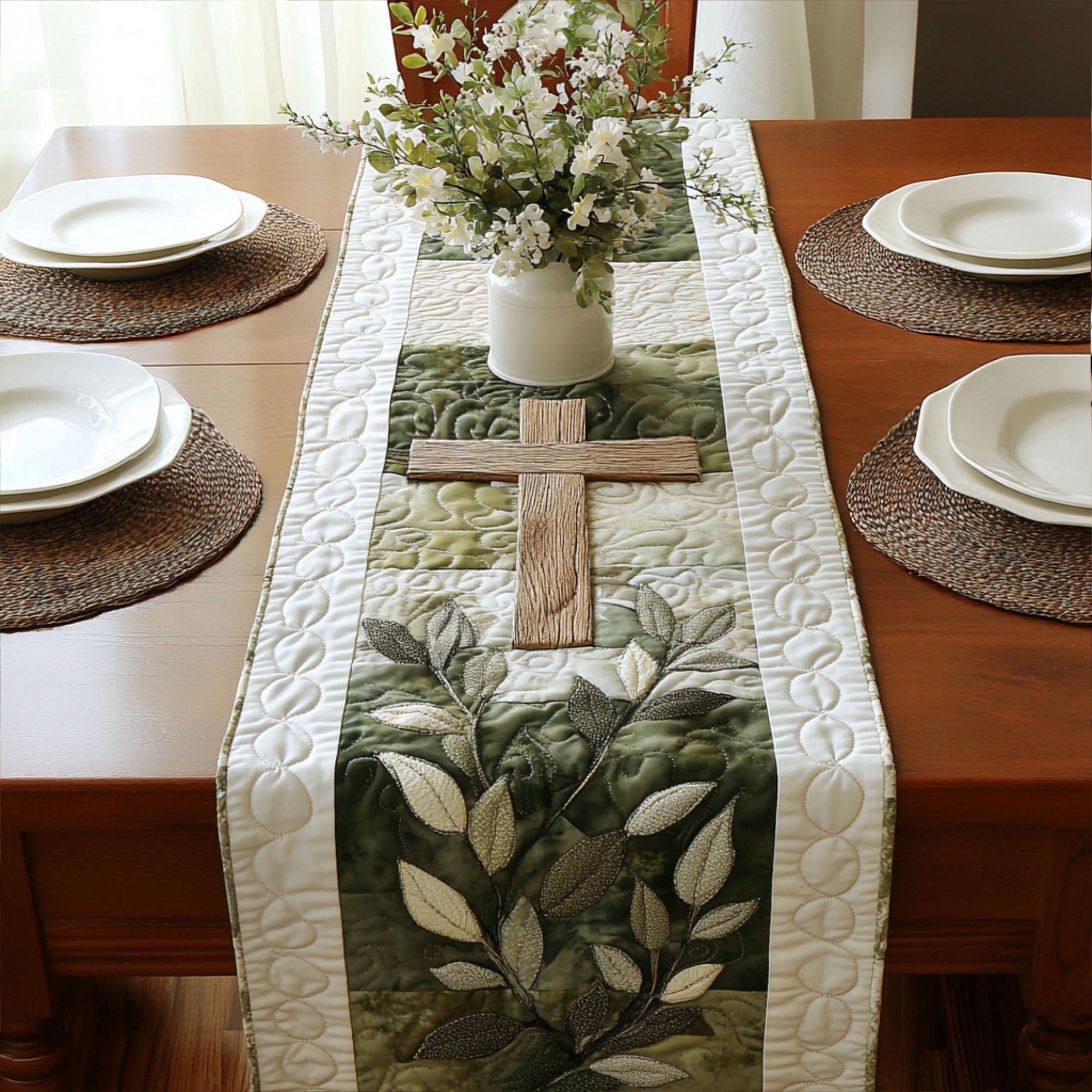 Cross of Serene Blessings Quilted Table Runner Xmas Dinner Table Decorations Christian Birthday Gifts