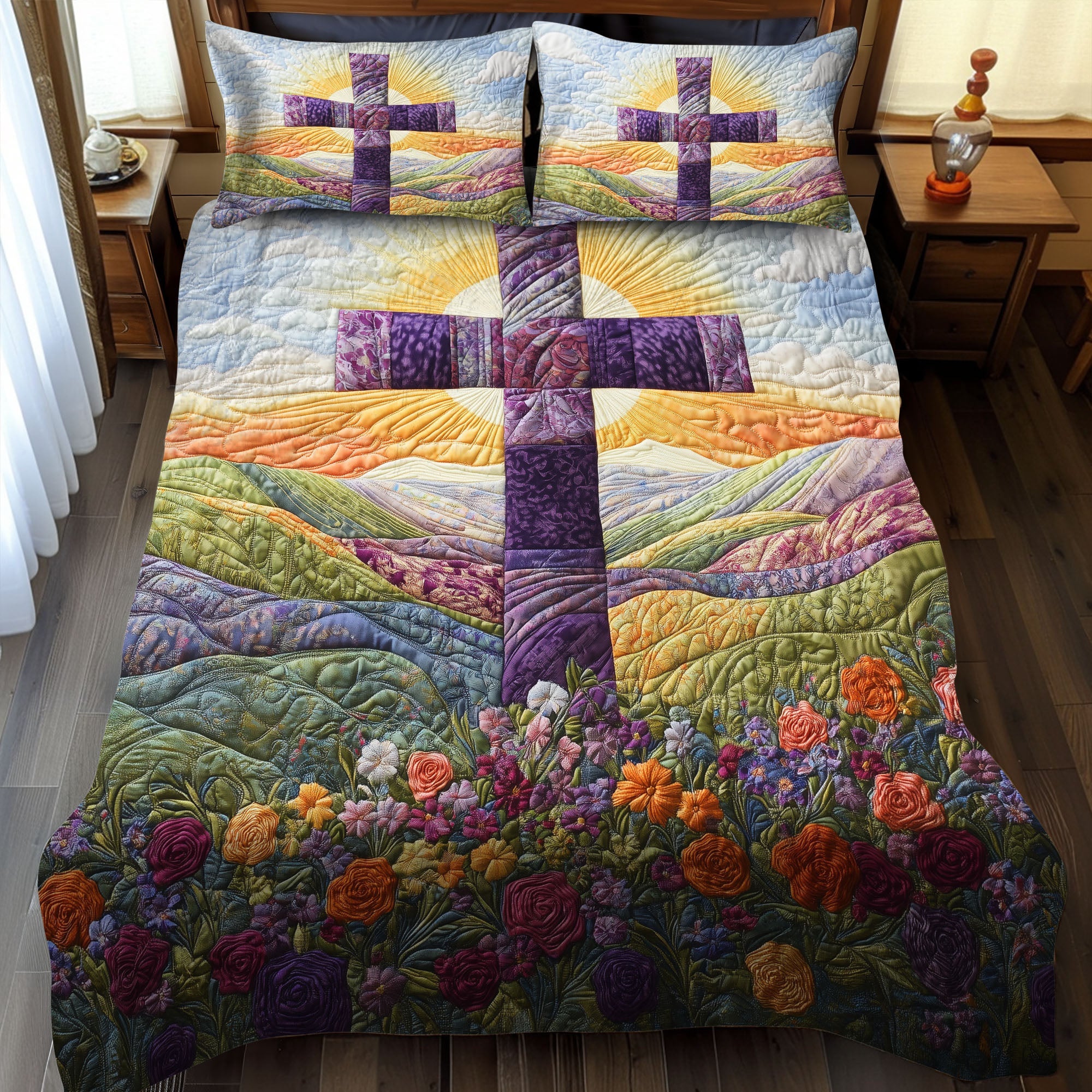 Cross of Strength Quilted Bedding Set Bedspread Set Presents For Christians