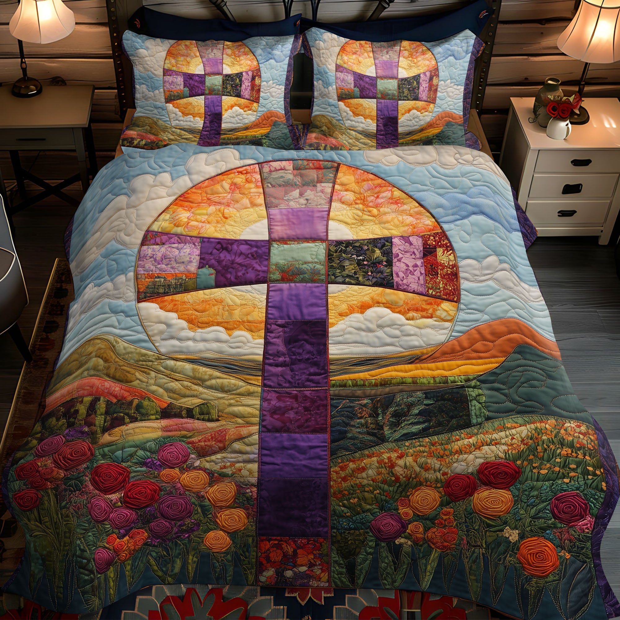 Cross of the Almighty Quilted Bedding Set Cozy Bedroom Decor Gifts For Christians