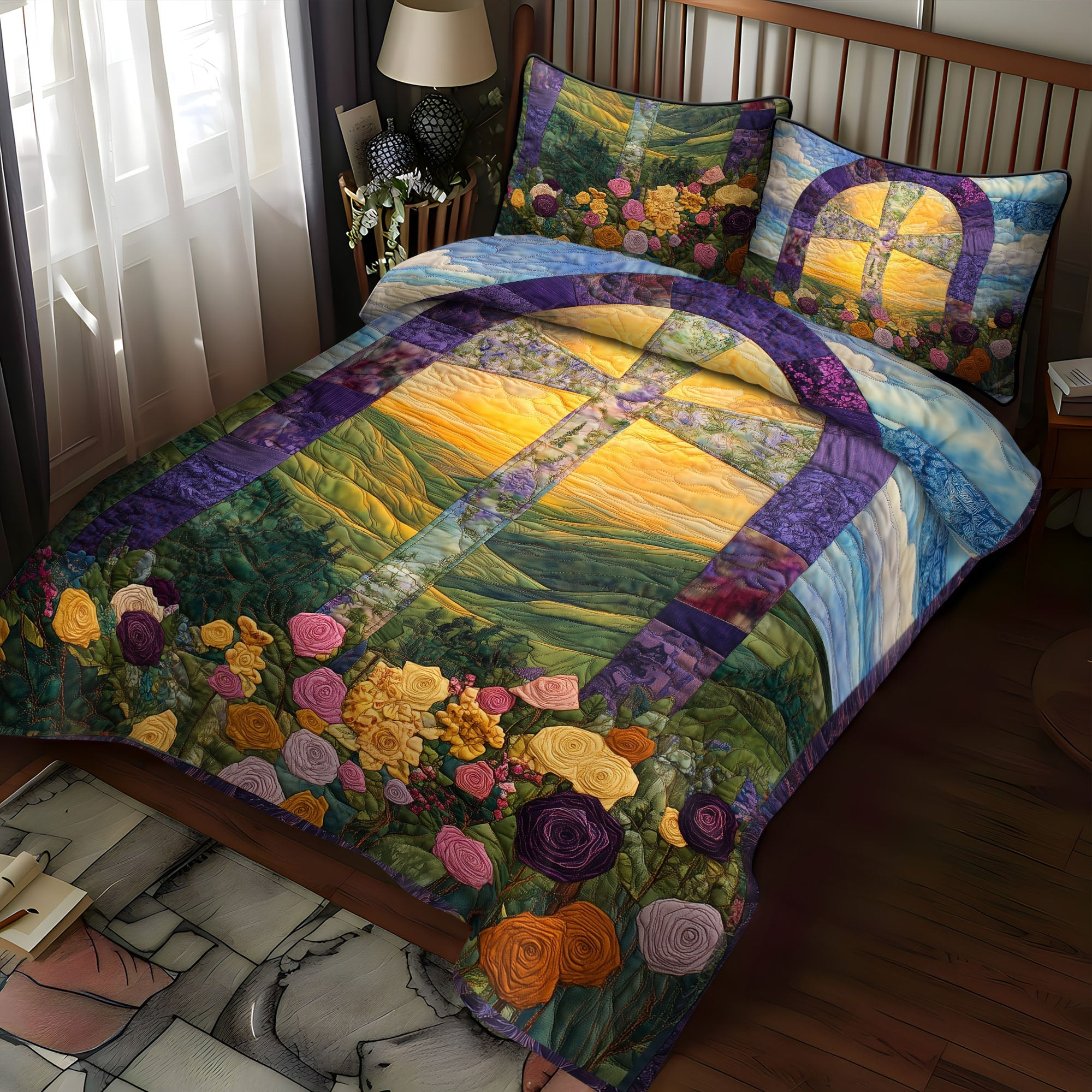 Cross of the Lord Quilted Bedding Set Best Comforter Sets Christian Gifts For Women