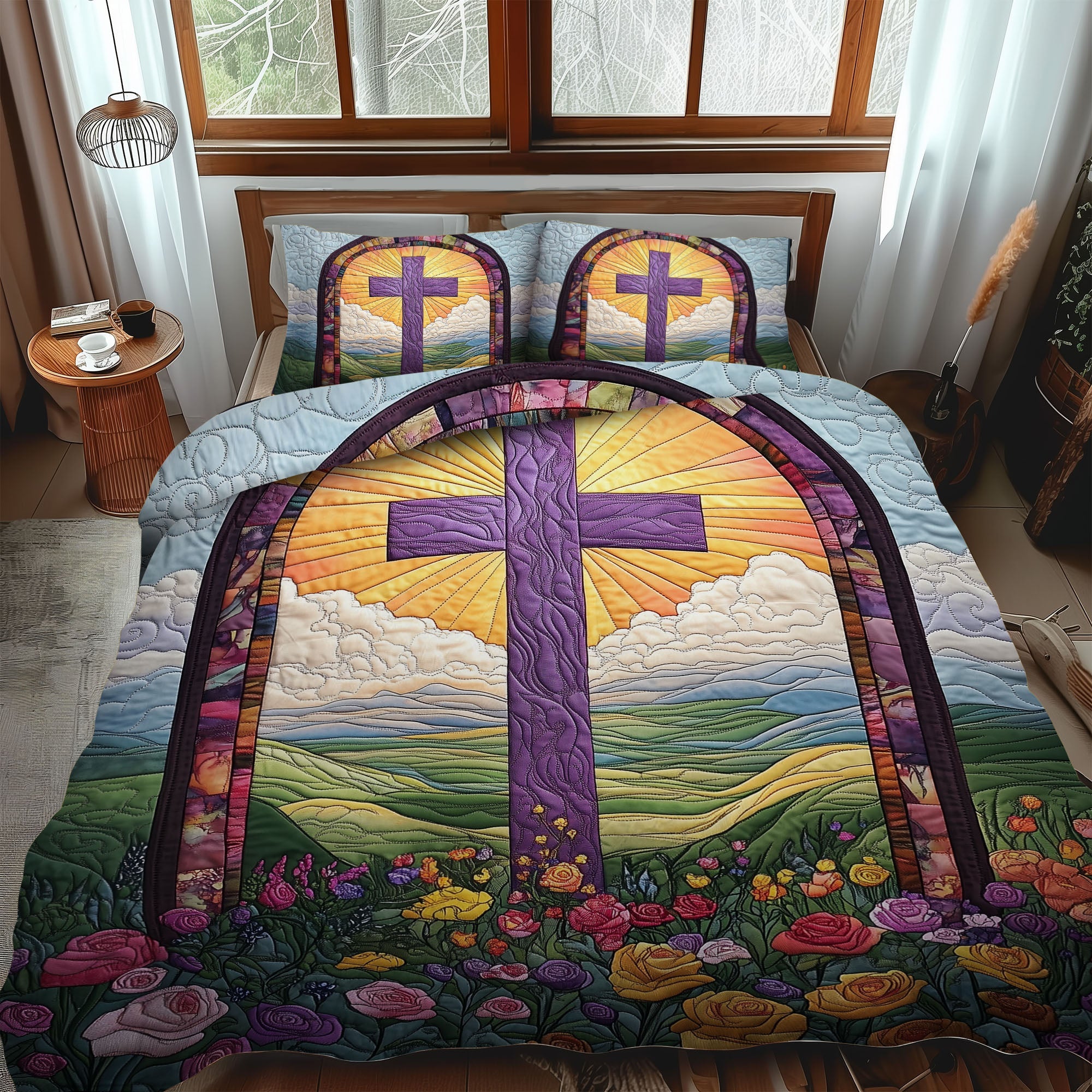 Cross of the Savior Quilted Bedding Set Cute Room Decor Christian Gifts For Mom