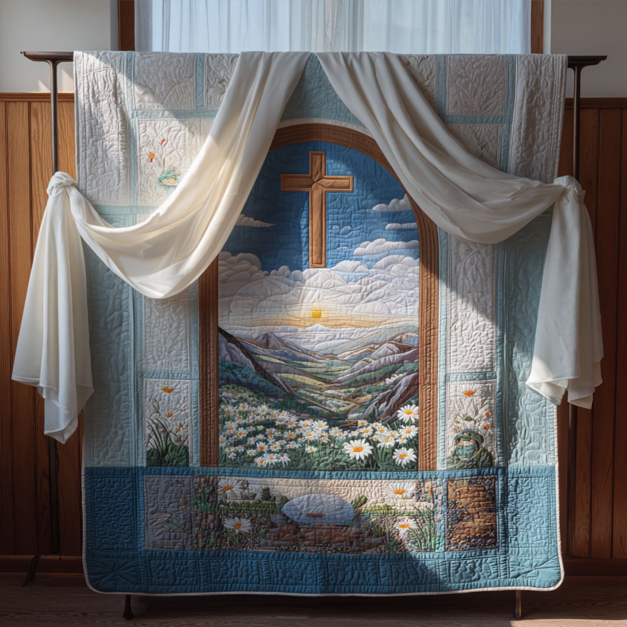 Cross of Trinity Quilted Blanket Holiday Throw Blanket Christian Presents For Her
