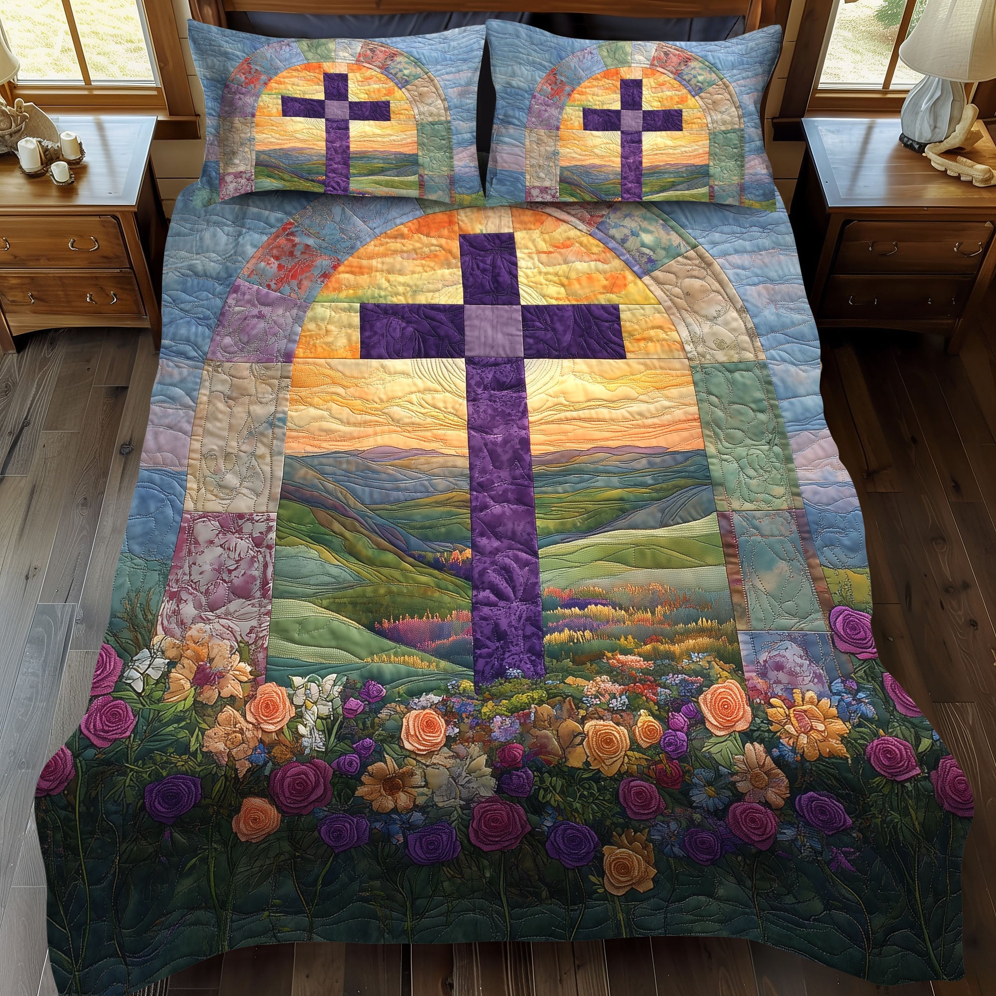 Cross of Truth and Light Quilted Bedding Set Aesthetic Room Decor Christian Gifts For Christmas