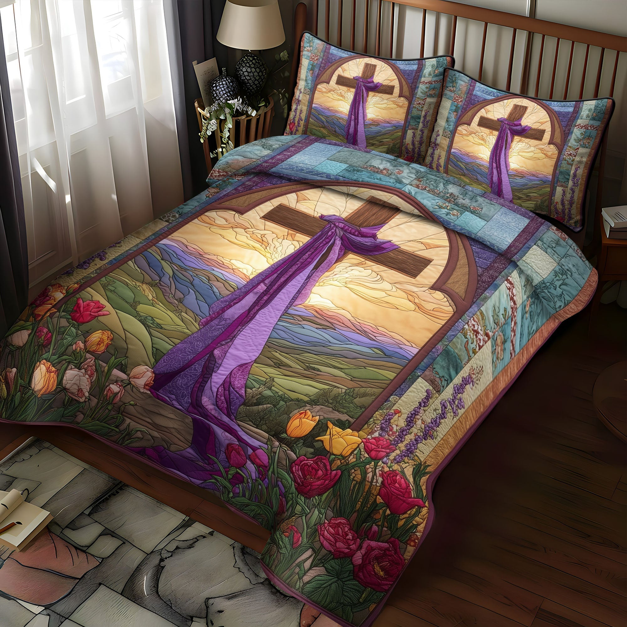 Cross of Unfailing Love Quilted Bedding Set Bedroom Decorations Christian Christmas Presents