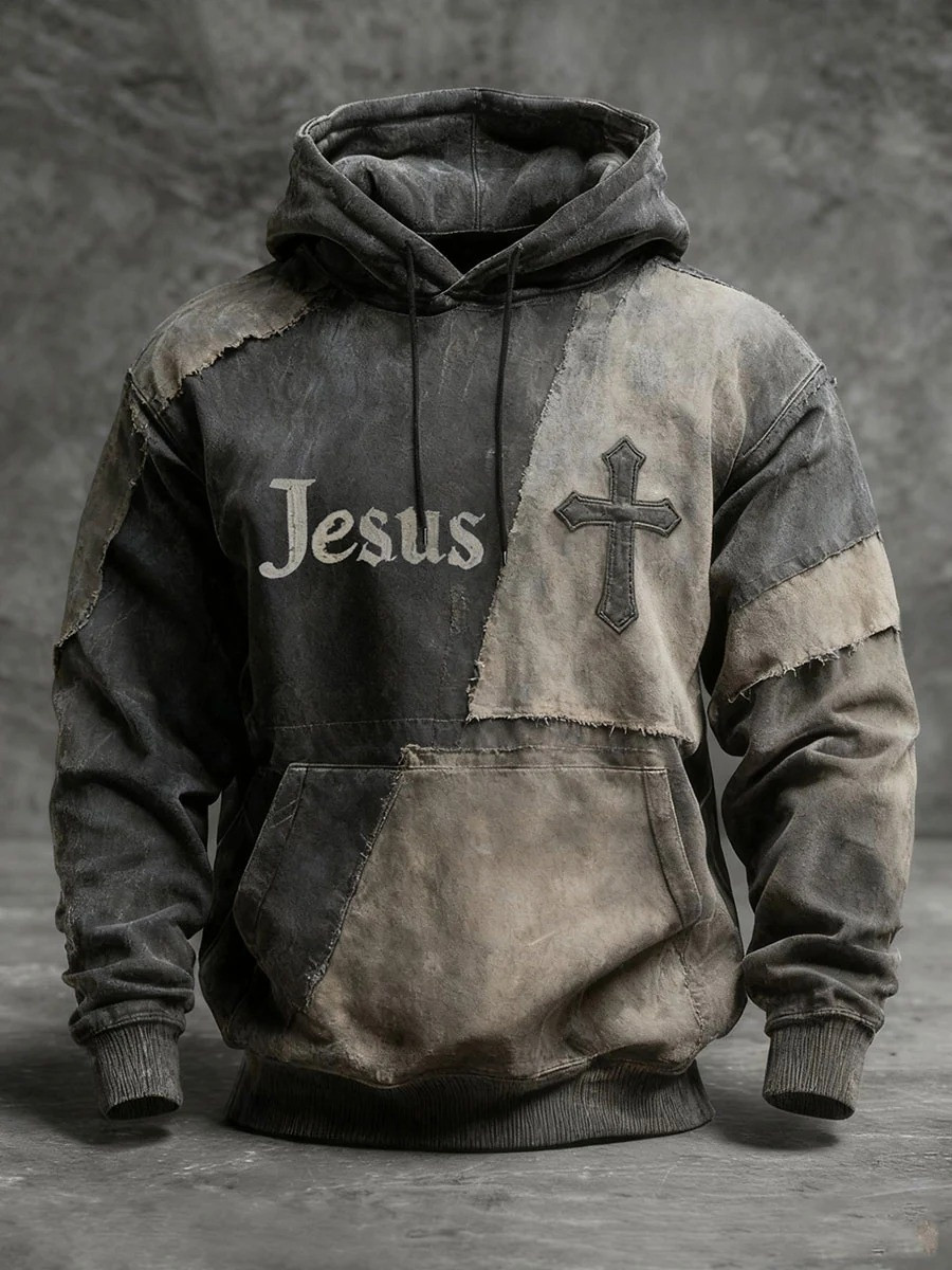 Cross Patchwork Distressed Hoodie Men Jesus Christian Faith Graphic Hoodies Gift Ideas