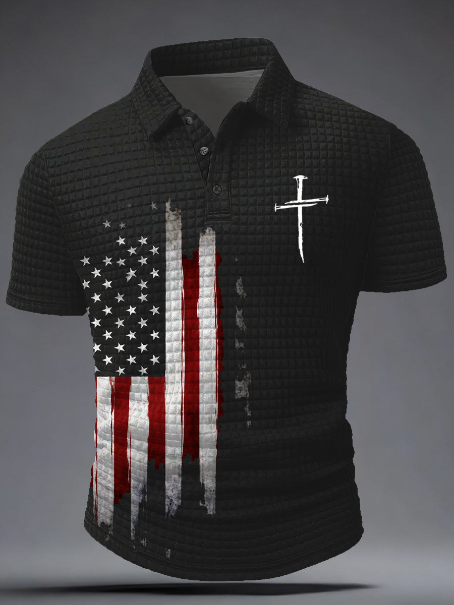 Cross USA Flag Faith Waffle Polo Shirt Vintage USA Flag Faith Apparel Gift For Christians