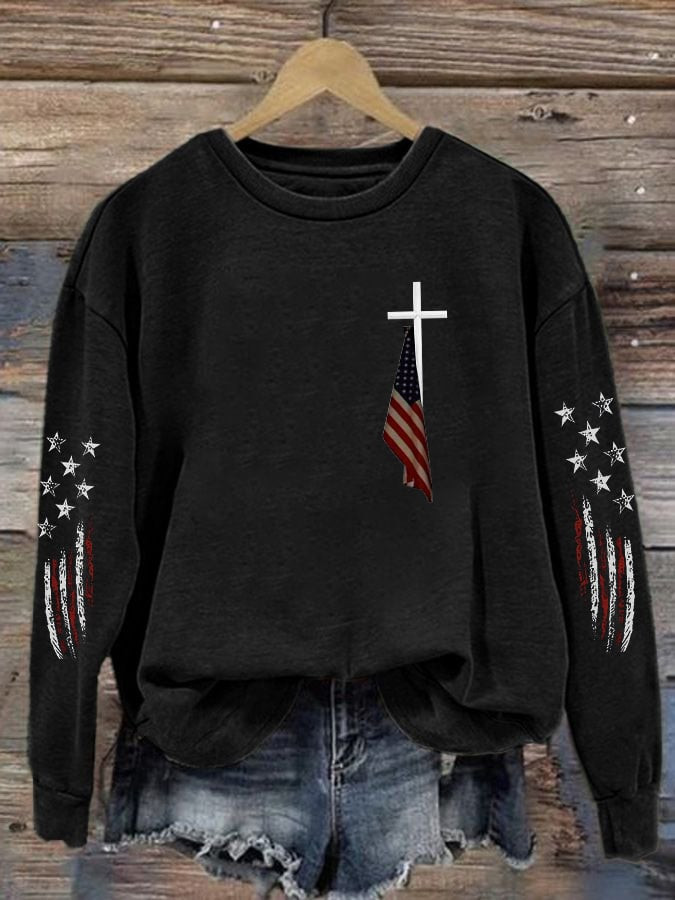 Cross USA Flag Sweatshirt 4Th Of July Clothes Women Patriotic Themed Gifts