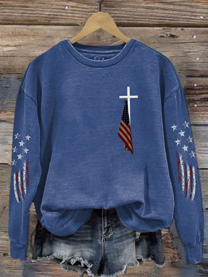 Cross USA Flag Sweatshirt American Patriot Clothing Fourth Of July Gifts For Sister
