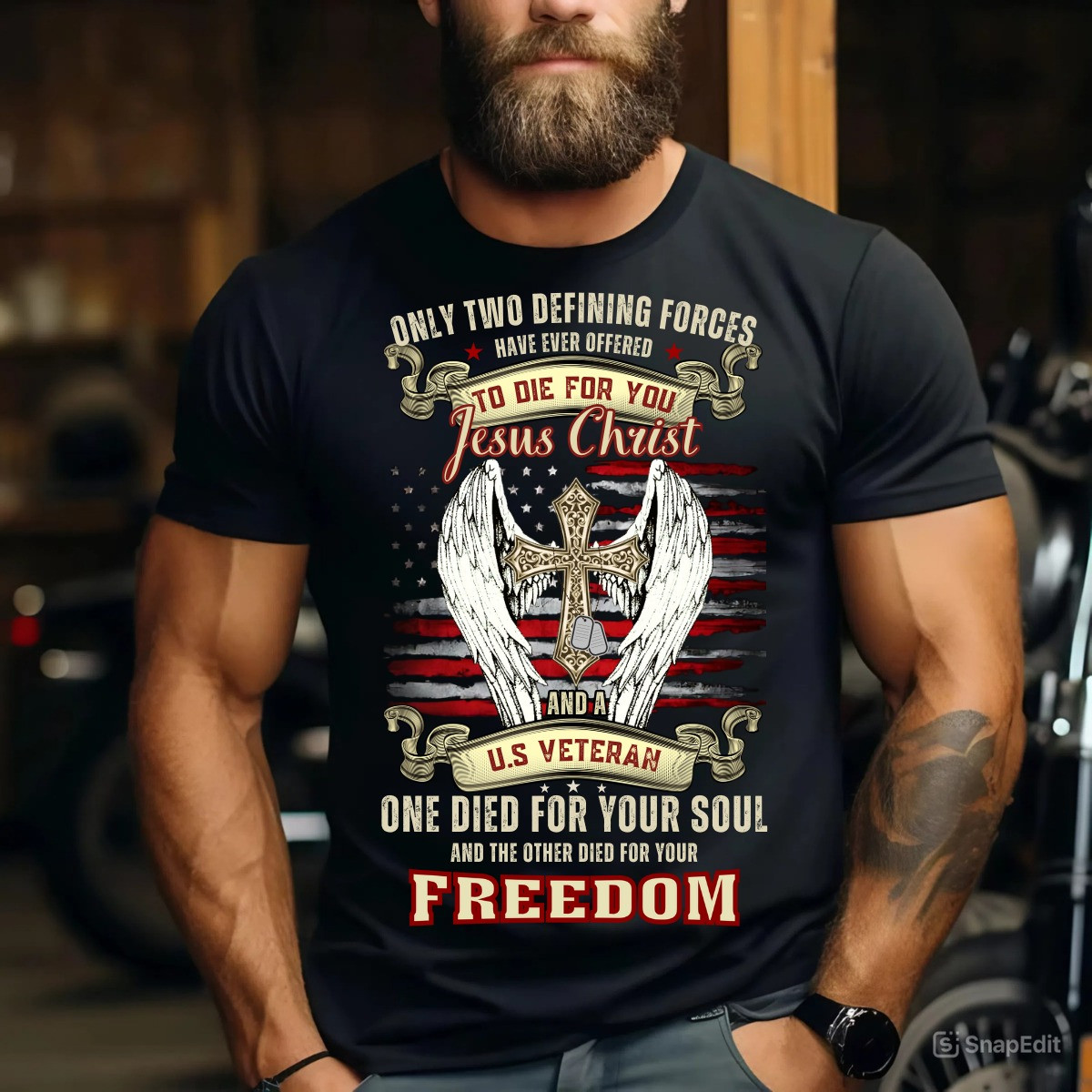 Cross Wings Jesus Christ U.S. Veteran T-Shirt Only Two Defining Forces Religious Tee Gifts