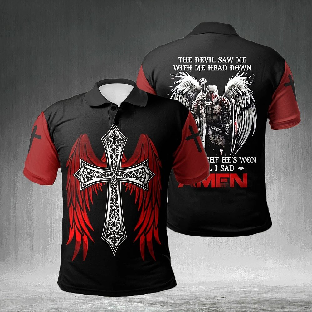 Cross With Wing Jesus Christian Polo Shirt The Devil Saw Me With Me Head Down Shirt Dad Gifts