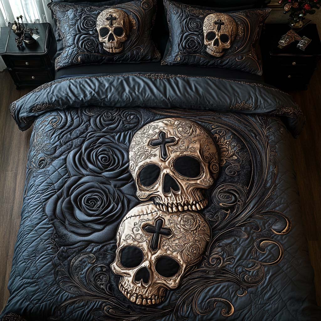 Crossed Souls Quilted Bedding Set Aesthetic Room Decor Skull Presents For Her