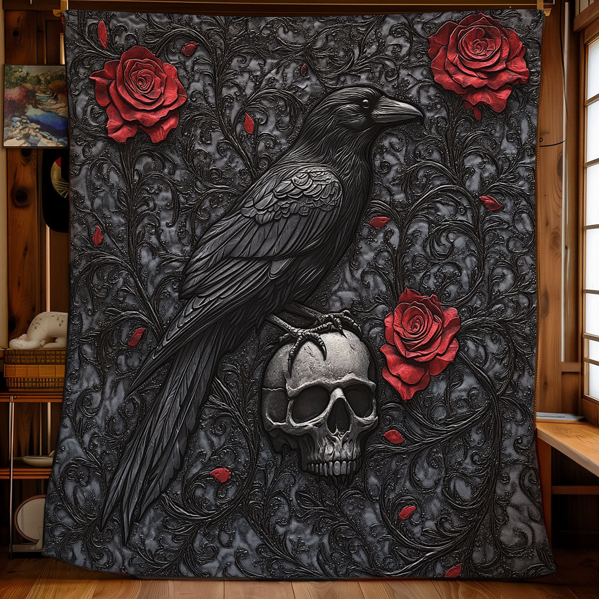Crow And Skull Quilt Decoration Gift For Friends and Family on Halloween Day