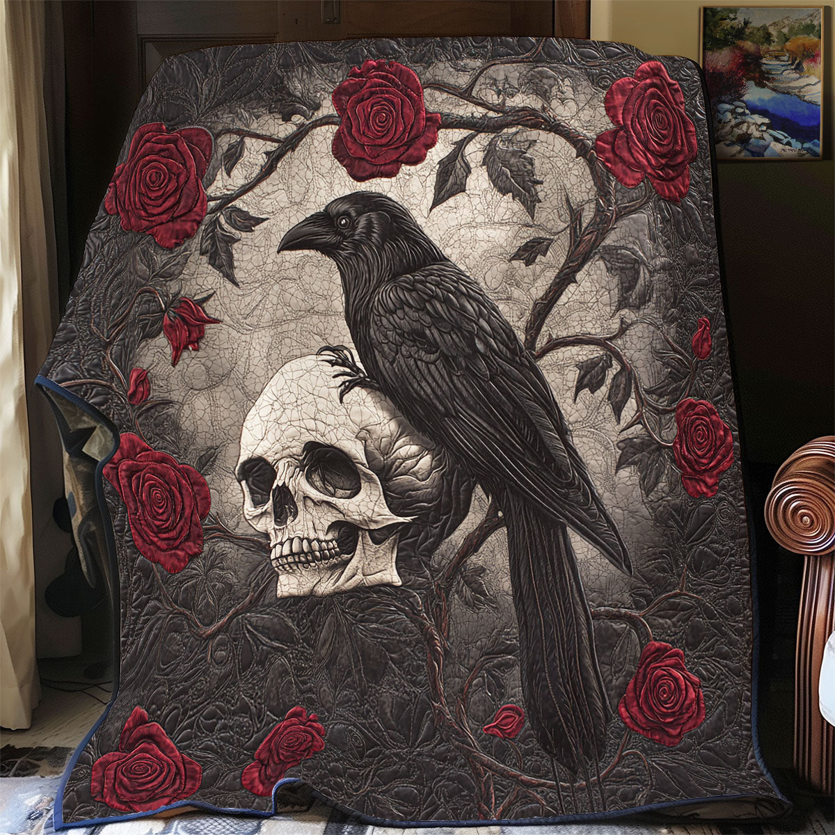 Crow And Skull Quilt Memorable Decoration Gift For Friends and Family on Hallloween Day