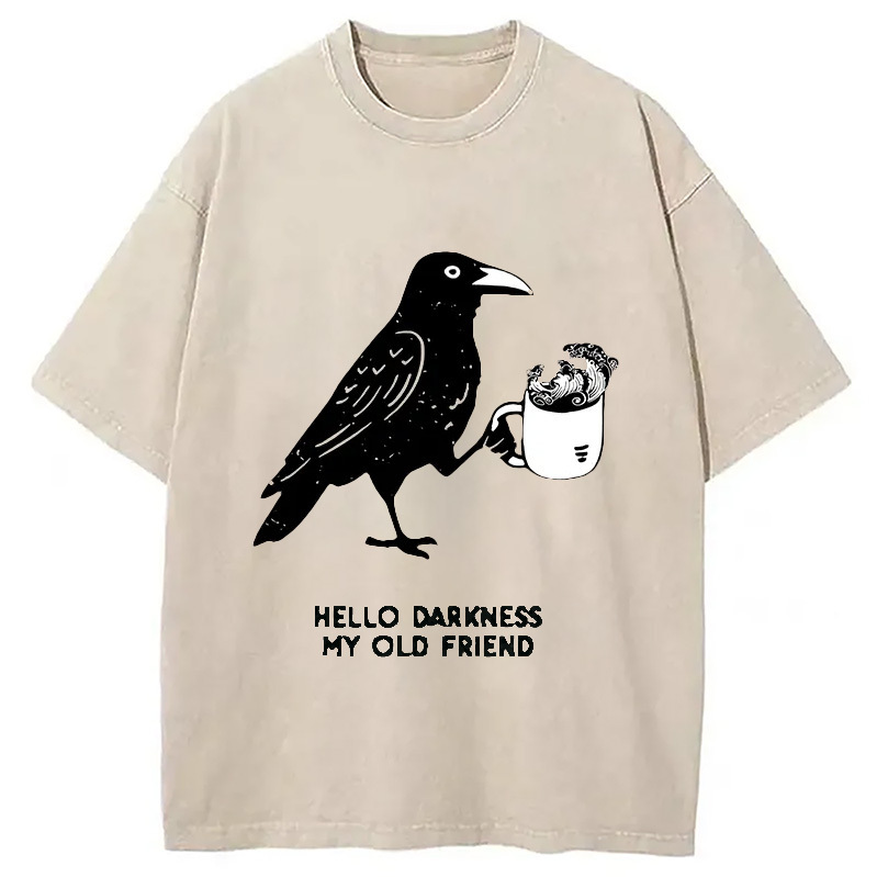 Crow Drinking Black Coffee Funny Washed T-Shirt Cool Urban Street Style Shirt Gifts For Brother