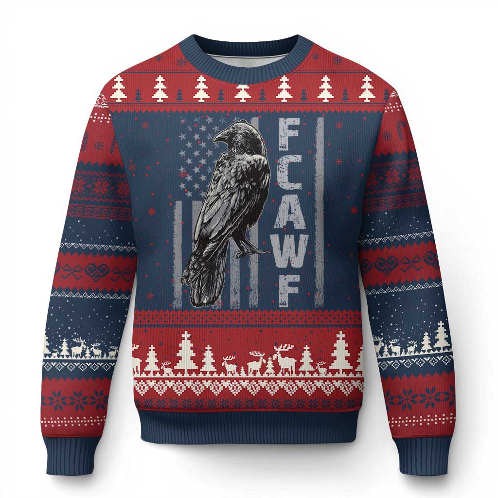 Crow F CAW F Ugly Christmas Sweater Vintage American Flag Xmas Gift For Crow Lovers