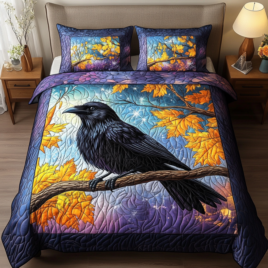 Crow Flight Quilted Bedding Set Best Bed Sheet Set Gifts For Crow Lovers