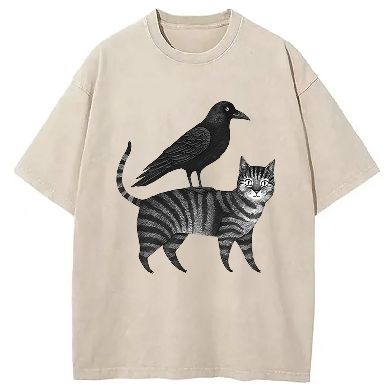 Crow Riding A Cat Washed T-Shirt Funny Aesthetic Trendy Apparel Gifts For Best Friend