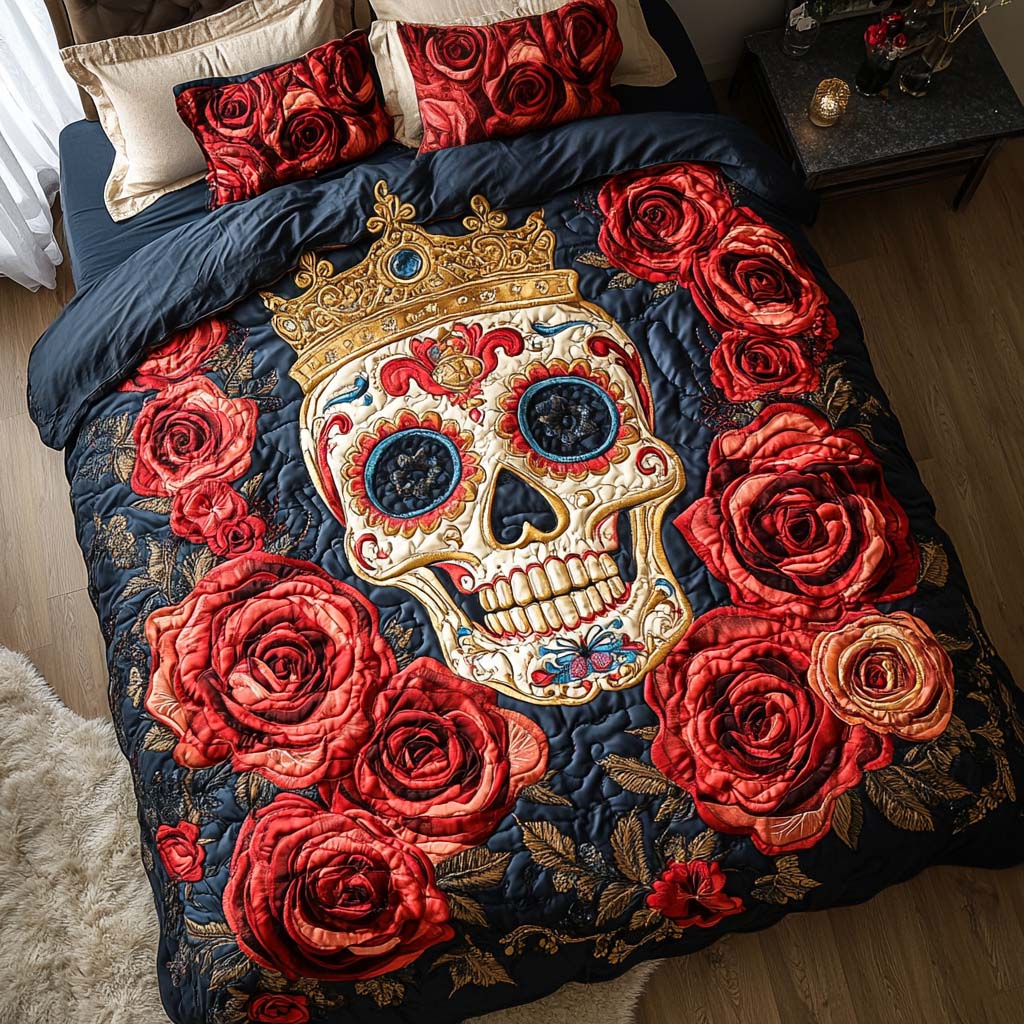 Crowned Death Quilted Bedding Set Duvet Cover Bed Sheet Set Skull Themed Gifts