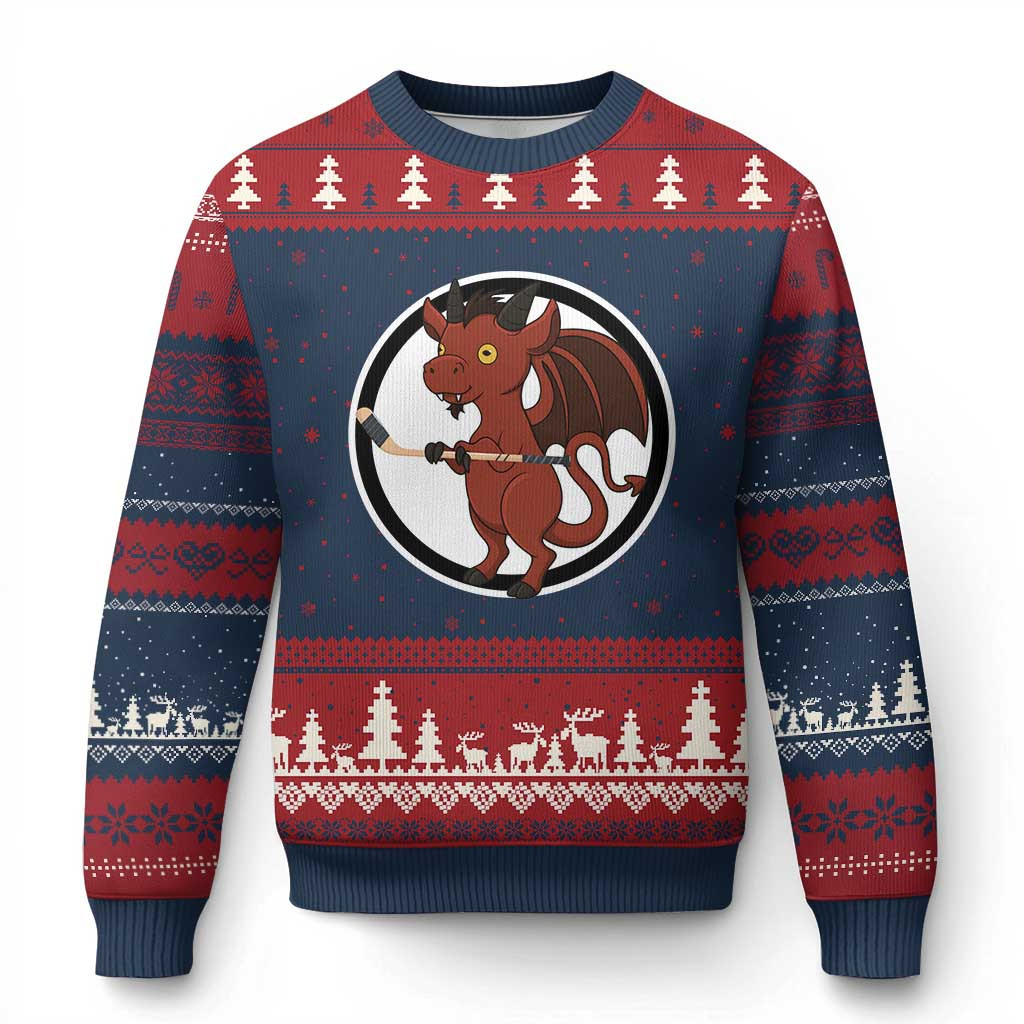 Cryptid Playing Ice Hockey Ugly Christmas Sweater Devil Themed Gift For Sport Lovers
