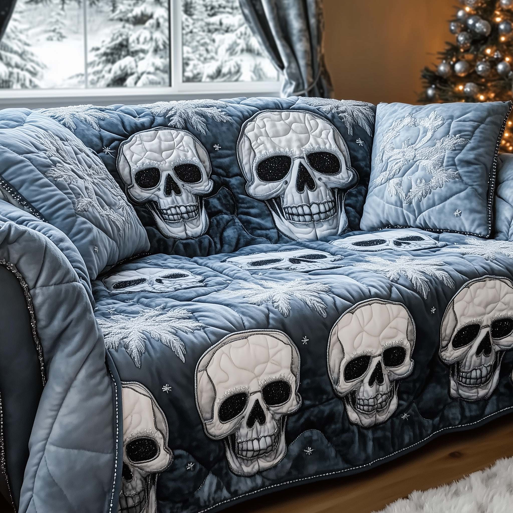 Crystal Frost Skulls Quilted Sofa Cover Icy Blue Skeleton Design Skull Themed Gifts