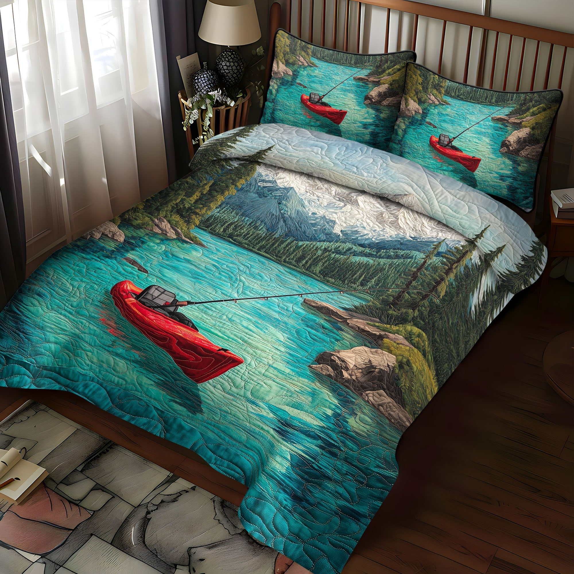 Crystal Lake Views Quilted Bedding Set Bedroom Decor Gifts For Fishermen Who Have Everything