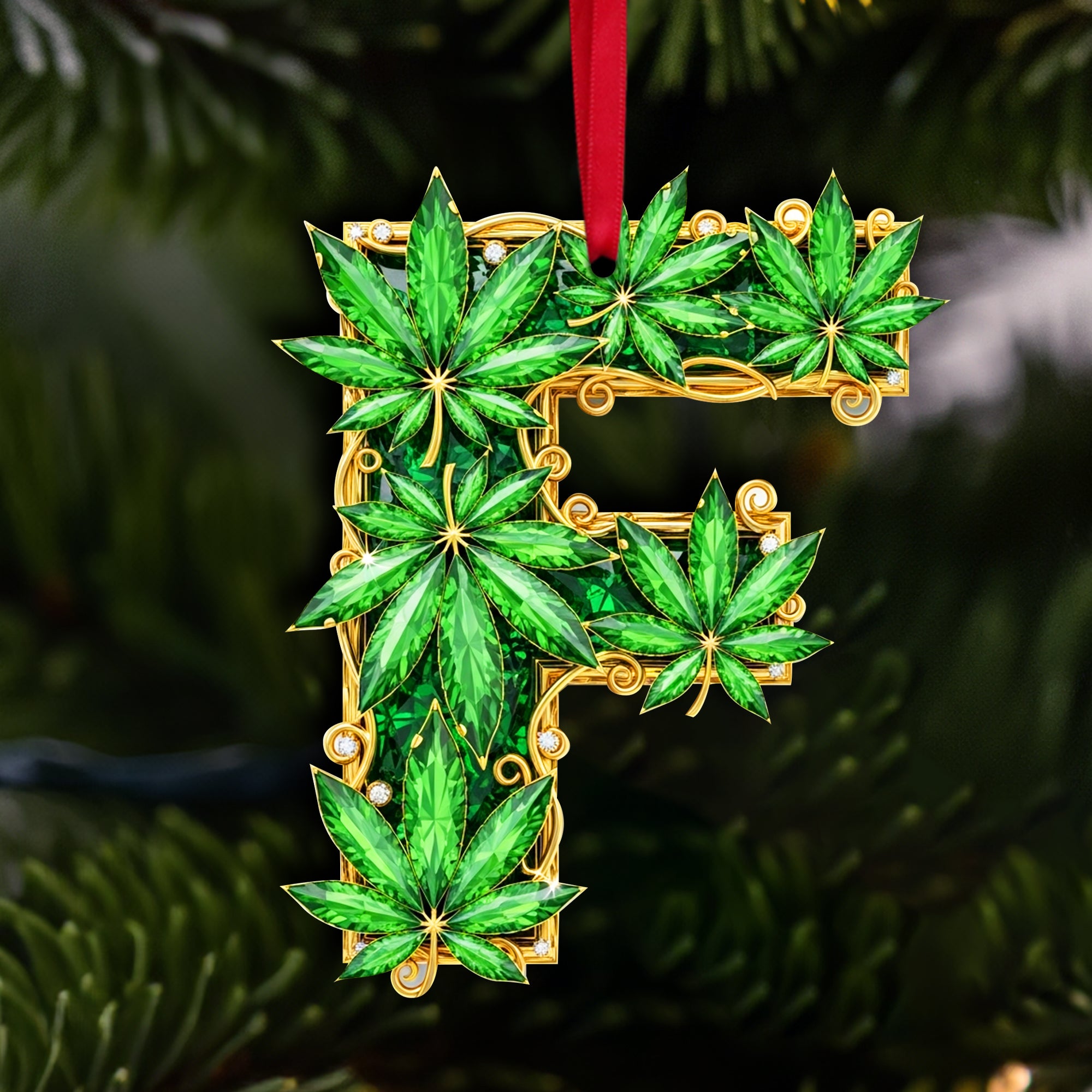 Crystal Leaf Initial Ornament - Personalized Christmas Gifts For Stoners - Christmas Ornament Gift Idea