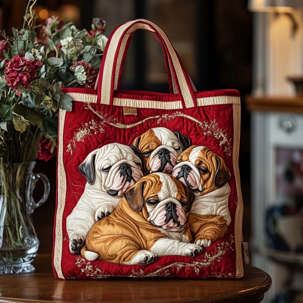 Cuddly Bulldog Pack Quilted Tote Bag Gifts For Pet Lovers
