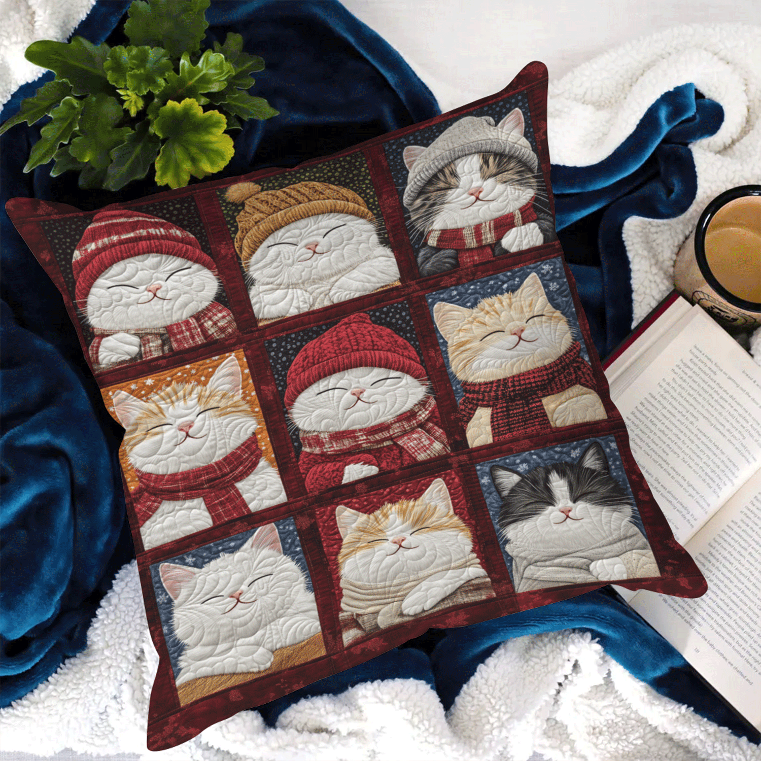 Cuddly Cats Pillow Case Plaid Christmas Pillow Cover