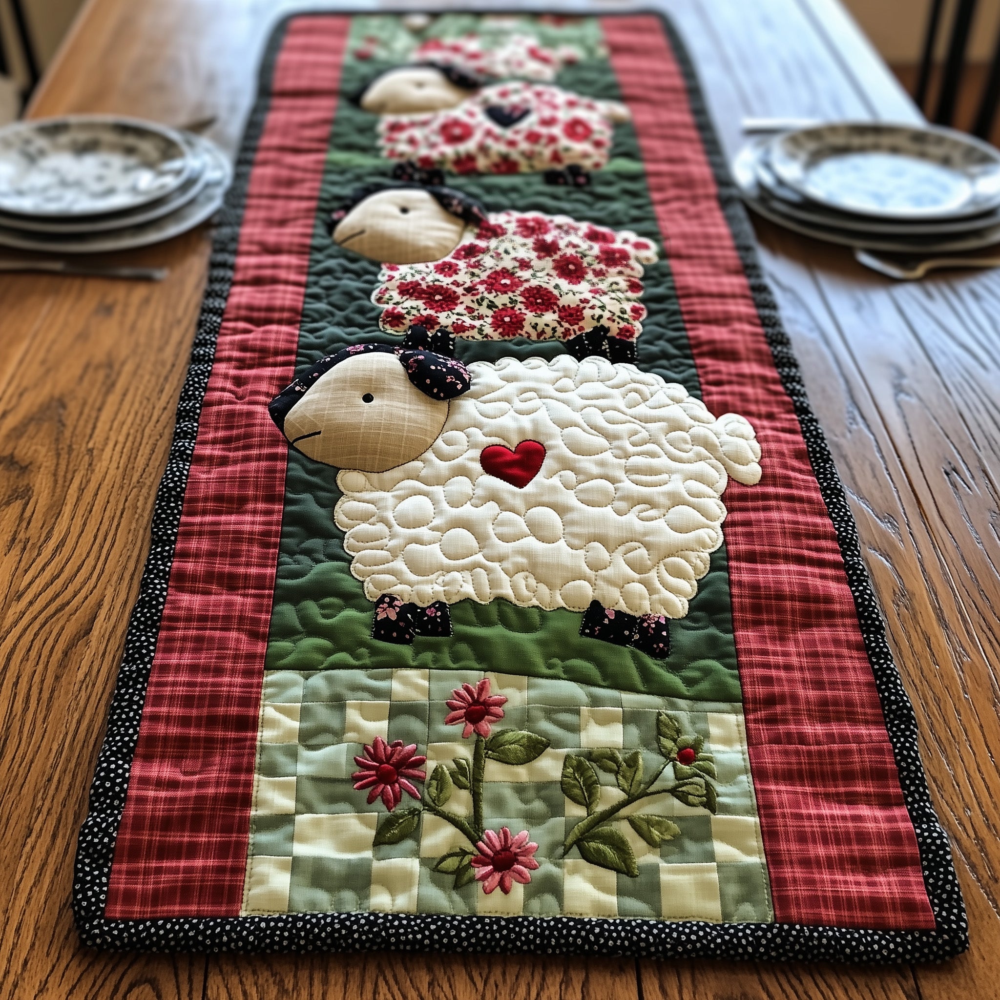 Cuddly Sheep Tower Quilted Table Runner Festive Christmas Dining Room Table Runner