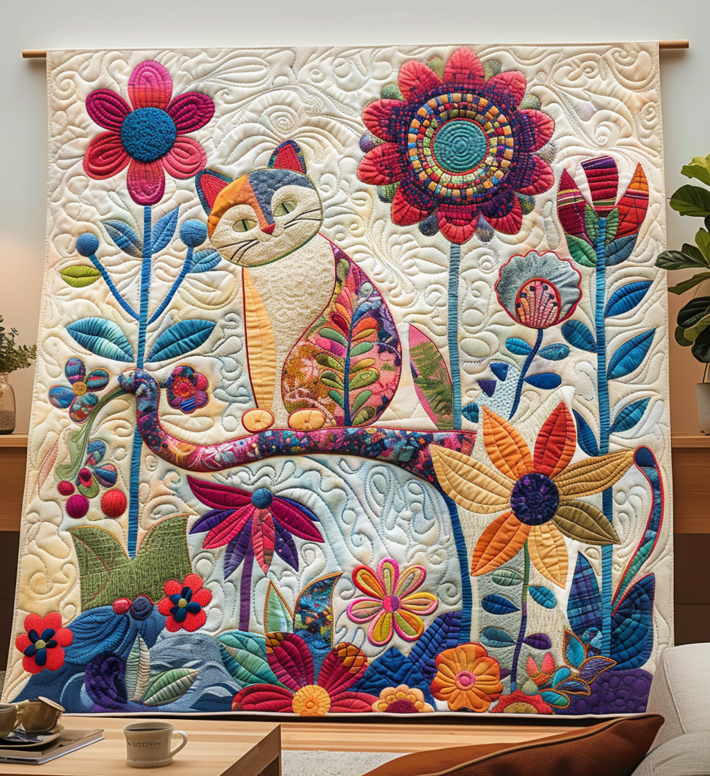 Curious Cat Quilted Blanket Presents For Cat Lovers