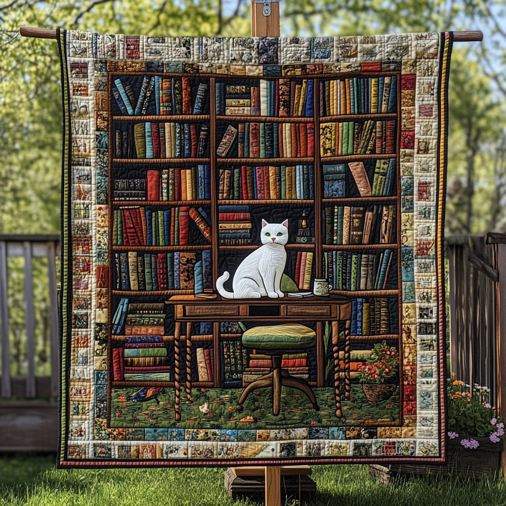Curled Up with a Book Quilted Blanket Presents For Cat Lovers