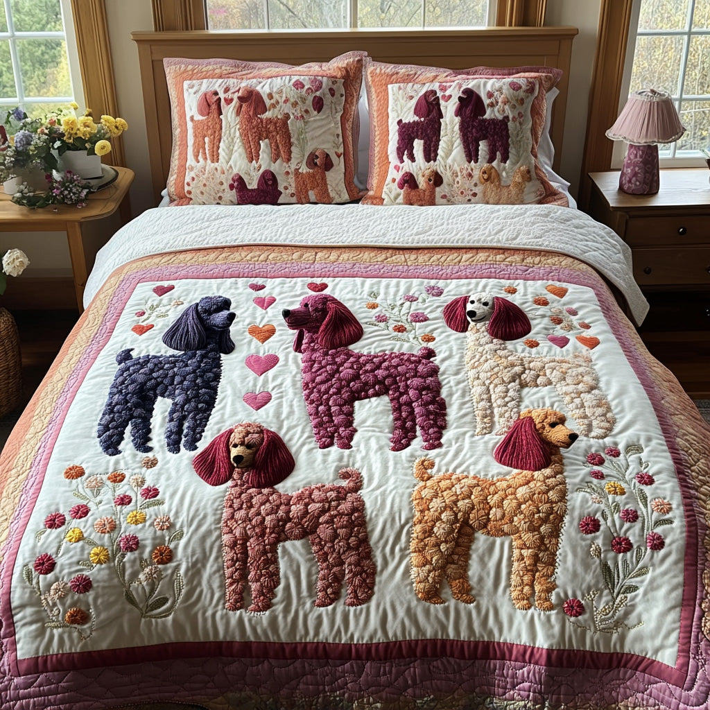 Curly Chic Quilted Bedding Set Aesthetic Room Decor Poodle Gifts For Dog Lovers