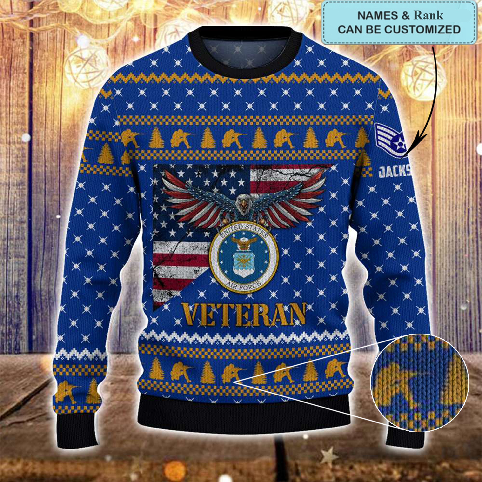 Custom Air Force Veteran Ugly Christmas Sweater Eagle USA Flag Patriotic Veteran Clothing