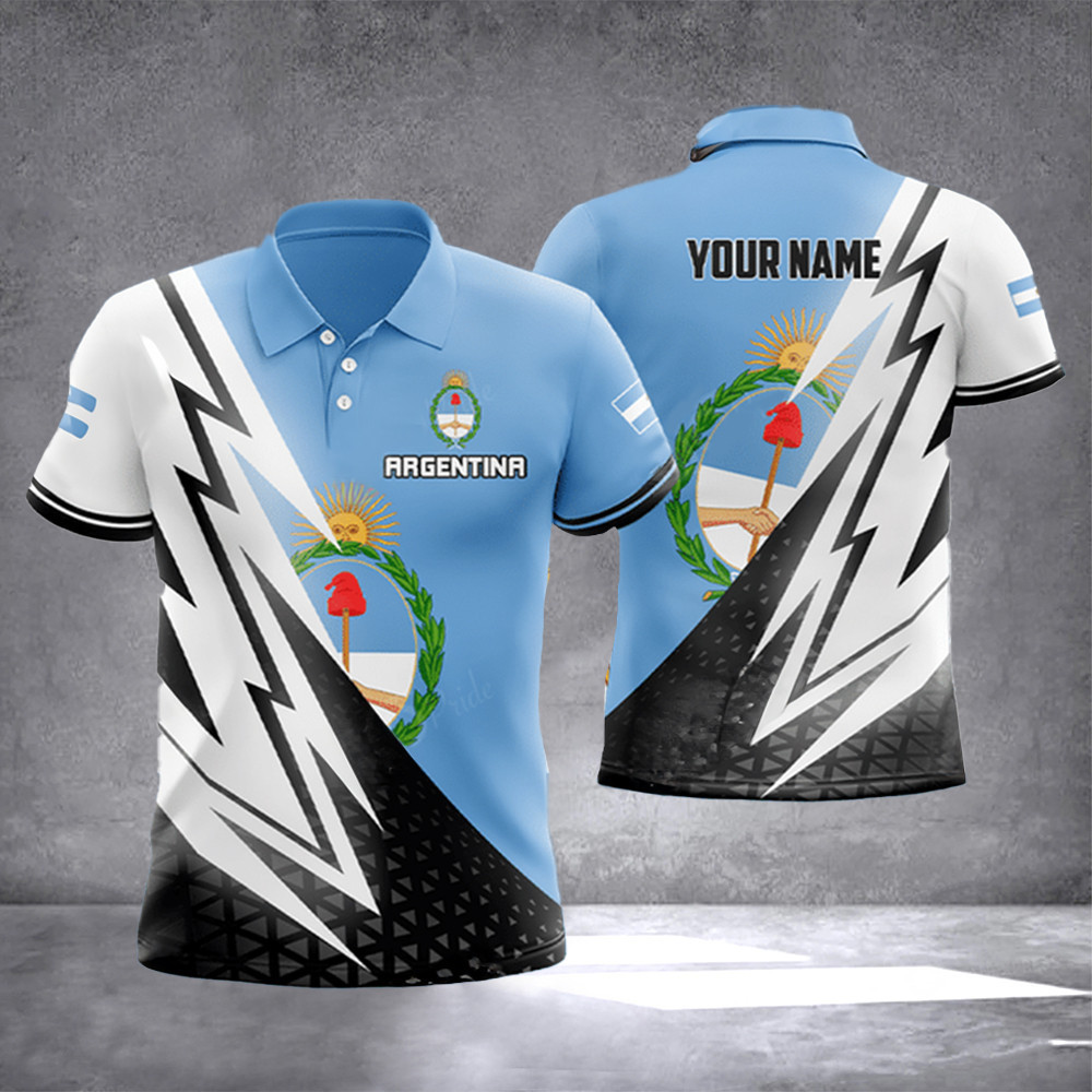 Custom Argentina Coat Of Arms Lightning Pattern Polo Shirt Argentinian Clothing Gifts For Him