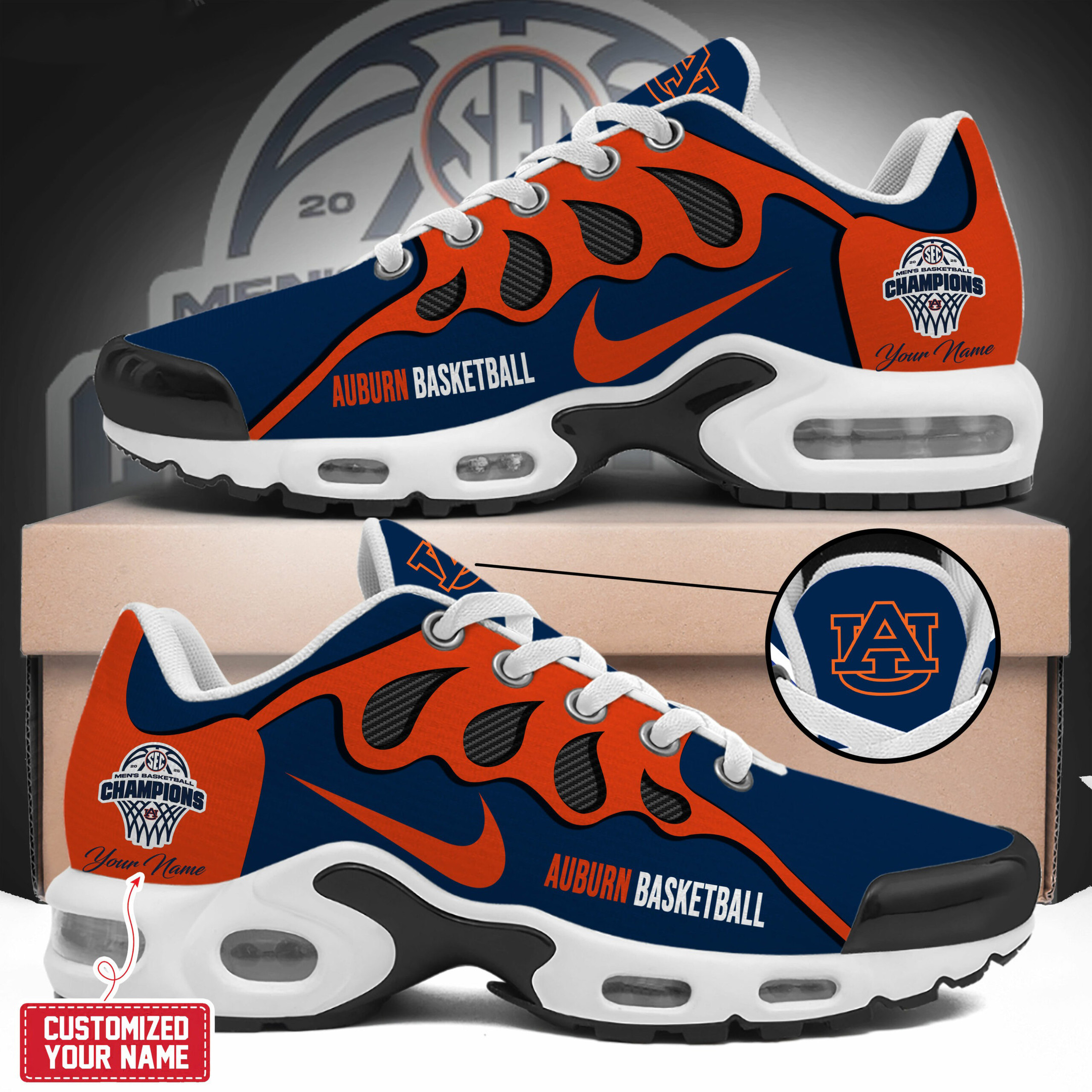 Custom Auburn Tigers Air Max Plus Sneakers 2025 SEC Men's Basketball Champions Merch