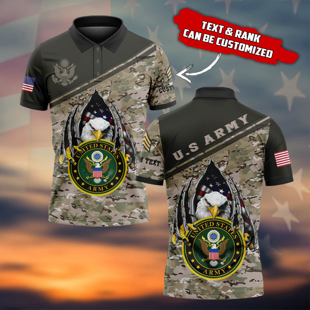 Custom Bald Eagle US Army Camo Polo Shirt Army Golf Shirt Veterans Gift Ideas