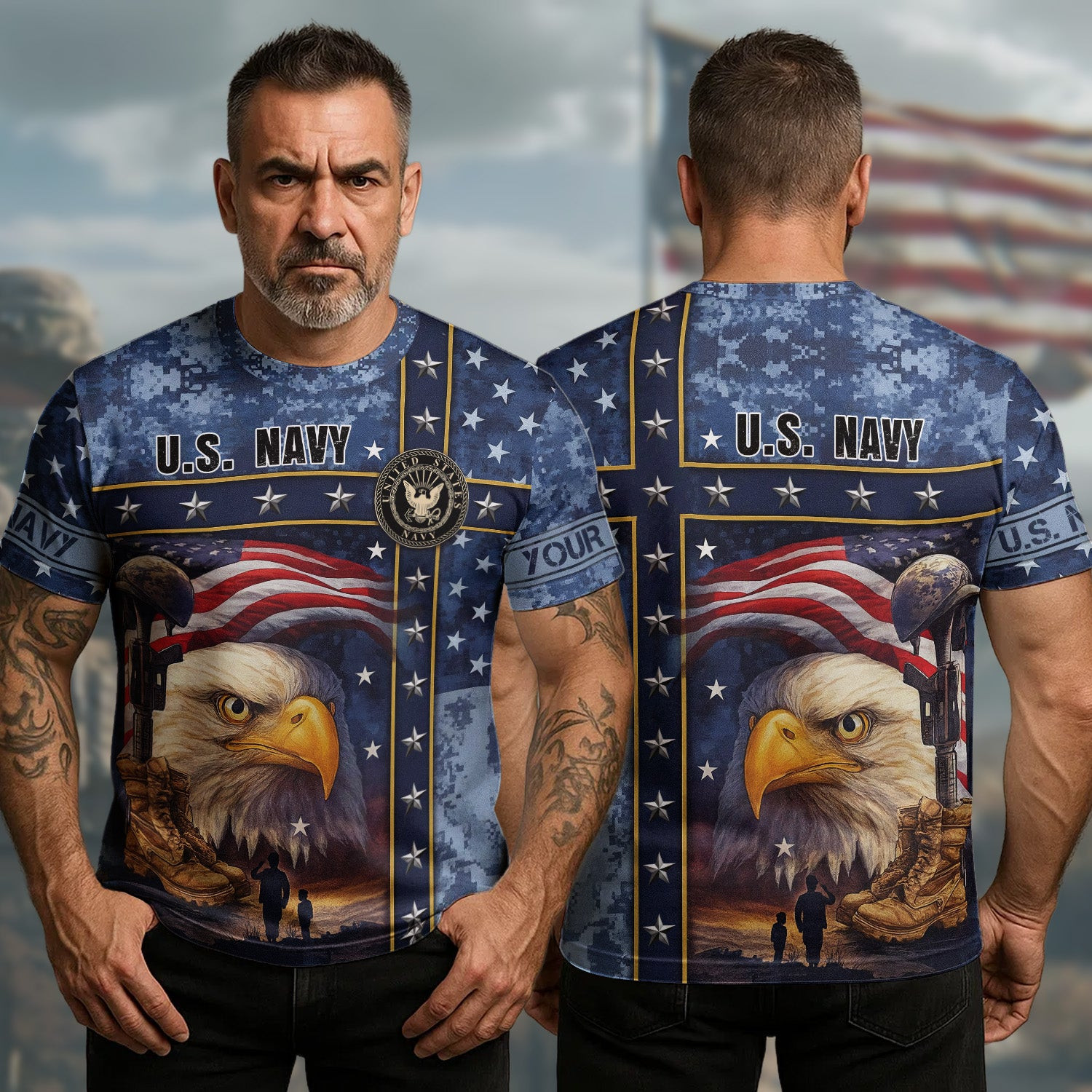 Custom Bald Eagle US Navy Veteran T-Shirt Wingmen Of Freedom Defending The Seas Veteran Apparel