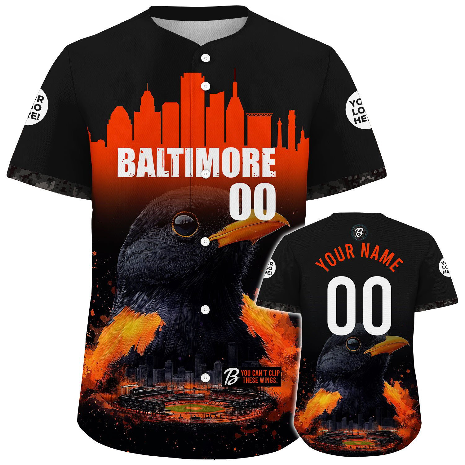 Custom Baltimore City Skyline With Oriole Face Baseball Jerseys Baseball Player Gift Ideas