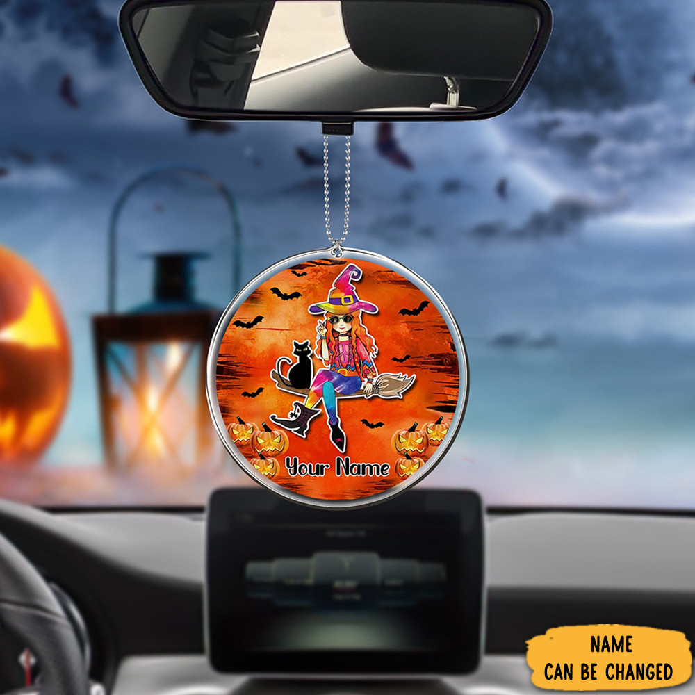 Custom Black Cat Hippie Girl Halloween Car Hanging Ornament Cute Hippie Gifts For Her